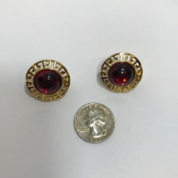Gold Tone and Red Cabochons  Clip Earrings - Picture 4 of 4